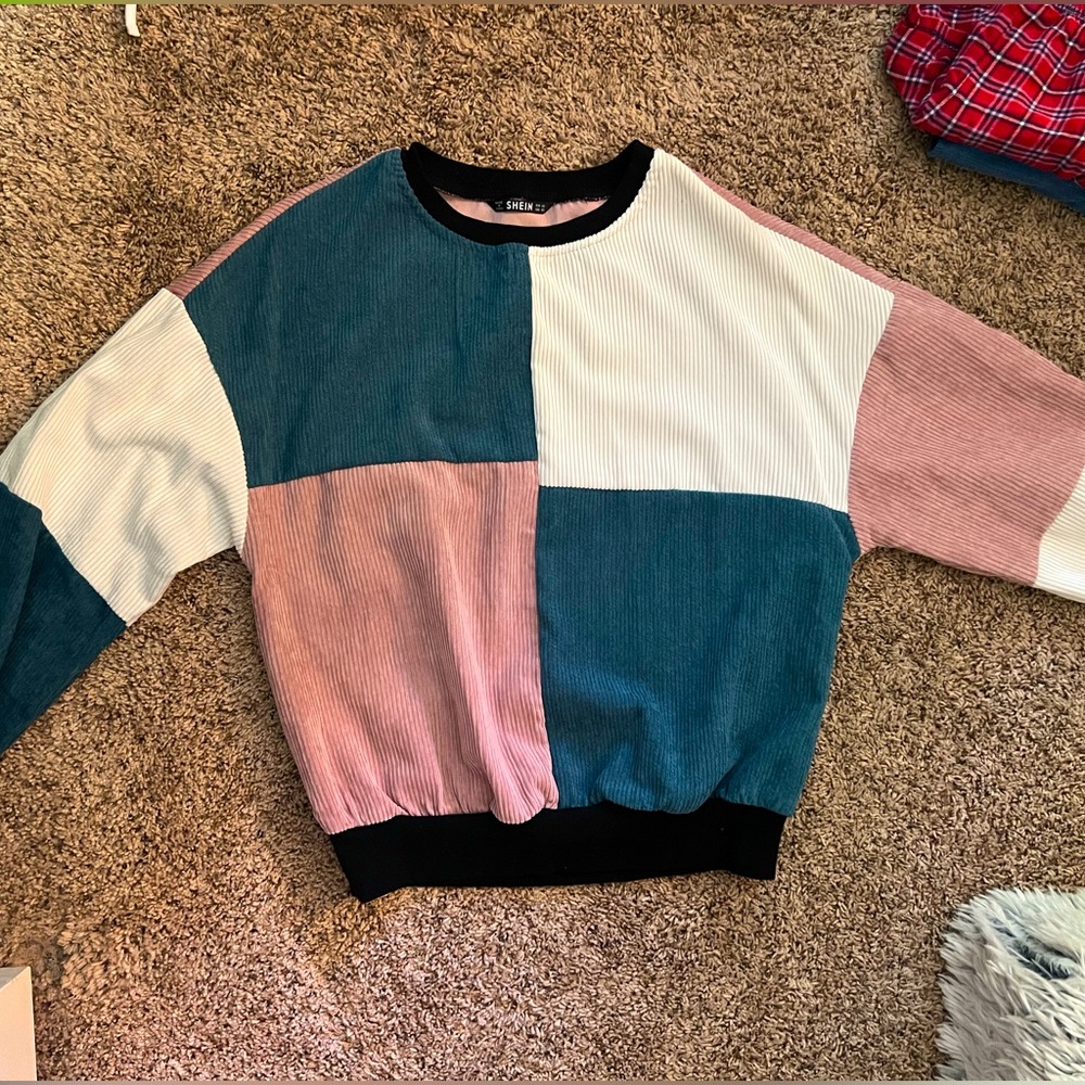 SHEIN Blue and Pink Crew Neck Sweater Vibrant Colorblock Design